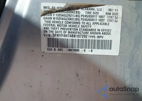 2011 Honda Pilot Ex-L from USA, damaged, VIN 5FNYF4H74BB107292